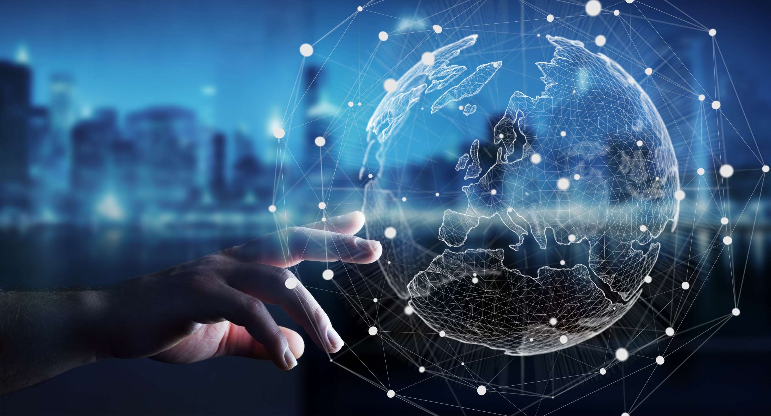 Hand connecting to a global digital network, representing connected automation